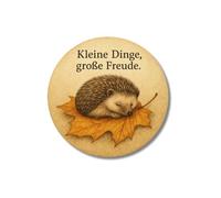 Zolavia Imán para nevera redondo de 38 mm, diseño de erizo con texto en inglés "Kleine Dinge Große Freude", práctico para pizarra blanca, pared magnética o taquilla (38 mm, 1 unidad)