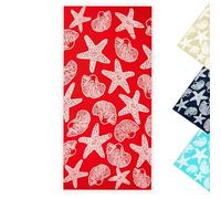 ZOLLNER Toalla de Playa - Toalla de baño mullida y Absorbente en 90x180 cm - Lavable hasta 60°C - algodón - Estampado marítimo con Estrellas de mar y Conchas en roja - Certificado Oeko Tex®