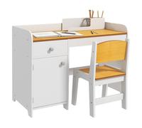 Zonekiz conjunto de escritorio de 2 piezas pupitre infantil escritorio para niños incluye silla y mesa con cajón y armario para dormitorio sala blanco y natural