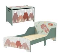 ZONEKIZ Conjunto para Niños Cama Infantil y 1 Baúl 143x77x60 cm Verde | Incluye 1 Cama Infantil de Madera, Carga Máx. 40 kg, Baúl de Almacenamiento 60x37x39 cm, con Estampados