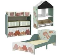 ZONEKIZ Conjunto para Niños Incluye 1 Cama Infantil 1 Estantería para Juguetes con Pizarra Pintable y 1 Organizador de Juguetes con 6 Cajas de Tela Extraíbles Verde
