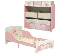 ZONEKIZ Conjunto para Niños Incluye 1 Cama Infantil de Madera con Barreras de Protección y 1 Estantería para Juguetes con 6 Cajas de Tela no Tejida Extraíbles Rosa