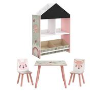 Zonekiz conjunto para niños incluye 1 estantería para juguetes con pizarra pintable 2 cajas de tela no tejida y 1 mesa infantil con 2 sillas para dormitorio sala de juegos rosa