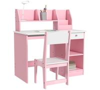 ZONEKIZ - Escritorio infantil con silla ergonómica, 90 x 45 x 90 cm, color | Mesa infantil y silla con 2 cajones, estantes abiertos, nichos, para estudio de trabajo y escritura