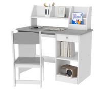 ZONEKIZ Escritorio Infantil con Silla Ergonómica Bandeja Deslizante para Teclado Cajón Nichos y Estantes Abiertos 90x45x90 cm Gris Aosom España