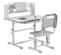 ZONEKIZ Juego de Escritorio y Silla para Niños de 6-12 Años Pupitre Infantil Altura Ajustable con 1 Cajón 1 Estante para Libros y Ángulo de Mesa Ajustable 80x54,5x82-104 cm Gris y Blanco