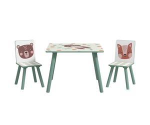 ZONEKIZ Set de Mesa y 2 Sillas Conjunto de Muebles Infantiles de 3 Piezas para Niños de +3 Años con Estampado Animales y Verde Aosom España