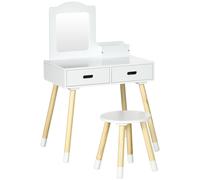 ZONEKIZ Tocador de Madera Infantil con Taburete y Espejo Centro de Belleza con 2 Cajones para 3-6 Años 60x40x95cm Blanco Aosom España