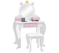 ZONEKIZ Tocador Infantil con Taburete y Espejo, Tocador para Niñas con Cajón, Compartimentos, Diseño de Unicornio, Mesa de Maquillaje para Niños y Niñas de 3-6 Años, Blanco White 55x34x87 cm