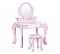 ZONEKIZ Tocador de madera infantil Centro de belleza con taburete, espejo y 1 cajón 3-6 años Rosa