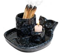 ZONSUSE Quemador de Incienso Búho Multifuncional 4 en 1 de Cerámica, con Bandeja Recoge Ceniza, Porta Palo Santo, Salvia, Varillas y Conos, Decoración Hogar & Idea de Regalo Meditación (Búho Azul)
