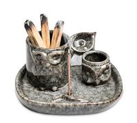 ZONSUSE Quemador de Incienso Búho Multifuncional 4 en 1 de Cerámica, con Bandeja Recoge Ceniza, Porta Palo Santo, Salvia, Varillas y Conos, Decoración Hogar & Idea de Regalo Meditación (Gris Azul)