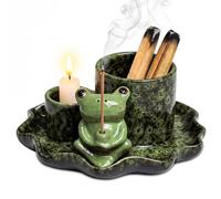 ZONSUSE Quemador de Incienso Rana Multifuncional 4 en 1 con Bandeja Hoja de Loto, Porta Salvia, Palo Santo, Varillas y Conos de Cerámica, Decoración Yoga & Meditación (Rana Loto Verde)