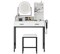 ZoomBuggy Tocador con Espejo LED Giratorio y Taburete, Mesa de Maquillaje con 2 Cajones, 5 Estanterías y Soporte para Secador de Pelo, Mueble de Maquillaje Moderno, Blanco y Negro