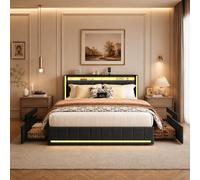 Zorvani Cama tapizada de 140 x 200 cm con iluminación LED y función de Carga USB, Cama Doble con 4 cajones, Cama Funcional con somier, Cama Juvenil, Lino, sin colchón