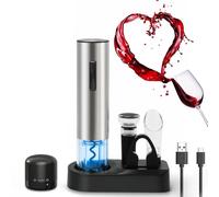 ZOYIDOUX Abridor de vino eléctrico recargable 7 en 1 de acero inoxidable Juego de regalo,Sacacorchos eléctrico con base,Cortador,Tapón de vacío de silicona,Tapón para vino,Vertedor,Línea USB