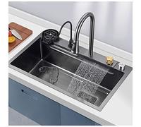 ZQFHSX Fregadero de Bar Multiusos Tipo Cascada, Hecho a Mano en Acero Inoxidable 304 - Negro Nano RV con Grifo extraíble y lavavasos, Montaje Superior o bajo encimera (68x45x22cm, Negro)