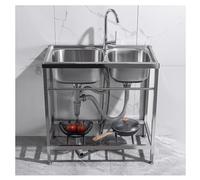 ZQFHSX Fregadero de Camping, Fregadero Doble de Acero Inoxidable Reforzado para cocinas comerciales con Estante de Almacenamiento y Grifo de Agua fría y Caliente, lavamanos para el hogar