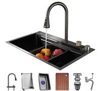 ZQFHSX Fregadero de Cocina de Acero Inoxidable con Cascada, rociador extraíble y Grifo Monomando. Ideal para Barra, estación de Trabajo, hogar y caravanas (Color: A, Tamaño: 80x45x22cm).