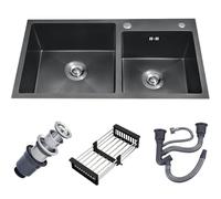ZQFHSX Fregadero de Cocina Doble de Acero Inoxidable, empotrable, Color Negro, con Tubo de desagüe y Cesta escurridora. Ideal para Cocina, baño y caravanas (Negro, 82 x 45 cm).