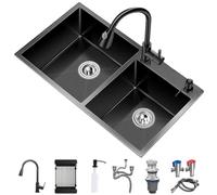 ZQFHSX Fregadero de Cocina Doble de Acero Inoxidable Negro con Barra empotrable, Grifo extraíble y Juego Completo de Accesorios (Color: Negro, Tamaño: 72x40x21cm)