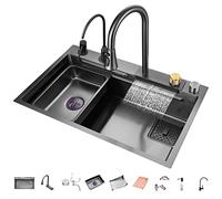 ZQFHSX Fregadero de Cocina Multiusos de Acero Inoxidable 304 con Cascada, monocilíndrico, para vehículos recreativos, con Grifo extraíble, Montaje Superior o bajo encimera (Color: Negro-a