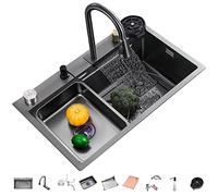 ZQFHSX Fregadero de Cocina Multiusos de Acero Inoxidable 304 con Cascada, monocubo Nano RV con Grifo extraíble, Montaje Superior o bajo encimera (Color: Negro-b, Tamaño 68x45x22cm)