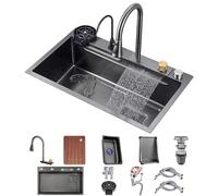 ZQFHSX Fregadero de Cocina Nano Negro de Acero Inoxidable 304, Tipo Cascada, Multiusos, de un Solo Seno, para Barra, con Grifo y desagüe, para instalación empotrada o bajo encimera (Color
