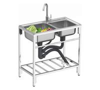 ZQFHSX Fregadero Independiente de Acero Inoxidable con Grifo de Agua fría y Caliente, Fregadero Comercial de 2 Compartimentos, Fregadero utilitario con Patas para Exteriores, restaurantes