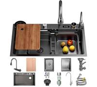 ZQFHSX Fregadero Tipo Cascada de 90 x 50 cm, Fregadero de Cocina de Acero Inoxidable Negro y Gris con Pantalla, 1 cubeta, Tabla de Cortar Grande, sifón, rebosadero y desagüe.