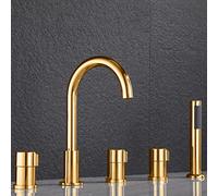 ZQFHSX Grifo Mezclador de baño Moderno de 5 Orificios con Ducha extraíble, diseño de Cascada, Acabado Dorado, Elegante Grifo de bañera, Juego de Lujo para baños con Estilo.