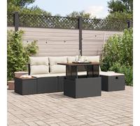ZQQLVOO Juego de 6 sofás de jardín con cojines negros de polirratán acacia, muebles modernos de exterior para terraza, balcón, jardín, resistente a los rayos UV con fundas extraíbles, relajación
