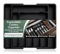 Zuvo Organizador grande de cubiertos de plástico expandible, bandeja negra para utensilios de cocina, perfecto para cajones grandes