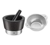 ZWILLING Mortero de especias con mazo, Altura: 10 cm, Ø 11 cm, Granito, Negro & Table Colador de 24 cm, Metal, Color Acero Y Blanco
