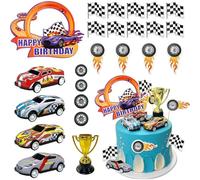ZWLIYCHN Decoración para tartas de Cars, 24 unidades, Hot Whels con decoración para tartas, 4 modelos de coches 3D, bandera, neumáticos, trofeos, decoración de cumpleaños de Cars, decoración de
