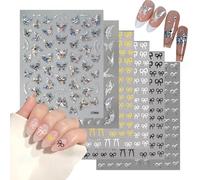 ZWWOGE 4 Pegatinas para Uñas de Lazo & 2 de Mariposa en Blanco/Negro/Rosa - Adhesivos para Uñas 3D Autoadhesivos para Diseño de Uñas Creativo - Perfecto para Nail Art y Decoración de Uñas con Gel
