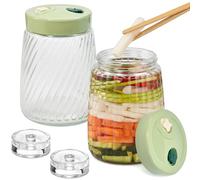 ZXBBTZ 2 PCS Tarros de Fermentación de Cristal 1.4L con Doble Válvula de Aire, Pesos y Clips de Bambú, Fermentador de Kimchi, Chucrut y Kéfir, Tarro Hermético para Conservas, Frutos Secos y Miel