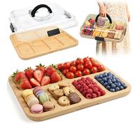ZXBBTZ Tabla de Quesos y Embutidos con Tapa, Set TablaQueso de Bambú, Bandeja Dividida para Servir con 6 Compartimentos, Tabla de Charcuteria con Tapa, Bandeja para Servir Aperitivos, Tapas y Frutas