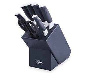 Zyliss E920263 Comfort Juego de Cuchillos de Cocina 7 Piezas, Acero Inoxidable Japonés, Mango Gris/Blanco, Set de Cuchillos Cocina con Portacuchillos, Apto Para Lavavajillas