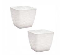 ZYLX SHOPPING - Pack 2 Macetas Cuadradas con Relieve de Ondas y Plato - 3 Tamaños (15/17/19cm) y 3 Colores, Diseño Moderno para Interior y Exterior White