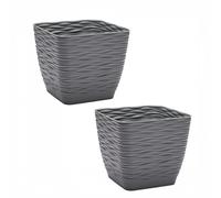 ZYLX SHOPPING - Pack 2 Macetas Cuadradas con Relieve de Ondas y Plato - 3 Tamaños (15/17/19cm) y 3 Colores, Diseño Moderno para Interior y Exterior Dark gray