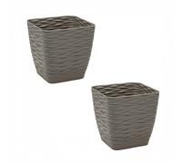 ZYLX SHOPPING - Pack 2 Macetas Cuadradas con Relieve de Ondas y Plato - 3 Tamaños (15/17/19cm) y 3 Colores, Diseño Moderno para Interior y Exterior Brown