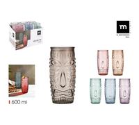 ZYLX SHOPPING - Pack 6 Vasos Tiki de Vidrio en Colores Surtidos | Diseño Tropical en Relieve | Capacidad 500 ml / 600 ml