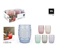 ZYLX SHOPPING - Pack 6 Vasos Tiki de Vidrio en Colores Surtidos | Diseño Tropical en Relieve | Capacidad 500 ml / 600 ml