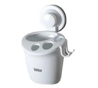 ZYLX SHOPPING - Portacepillos de Baño con Ventosa sin Taladro Bathlux , Soporte con Tapa y Ganchos, Color Blanco