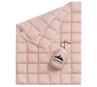 zzlamb Manta de camping plegable y ligera, suave manta de plumón de pato de 650 grados, manta compacta y cálida para sofá, avión, coche, picnic, caravana, mochilero, playa, 50 x 77 pulgadas, rosa